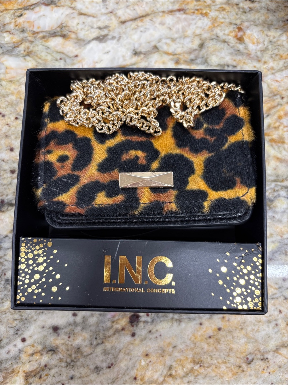 I.N.C. Leopard Print Haircalf Crossbody with Gold Chain
